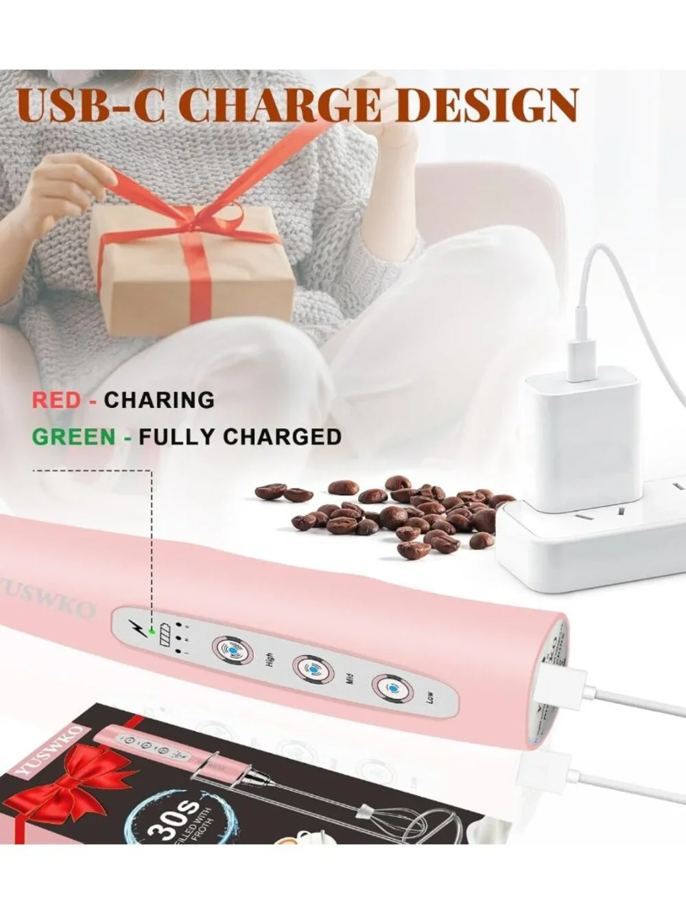 Rechargeable Handheld Milk Frother Wand - Electric Whisk for Coffee, Latte
